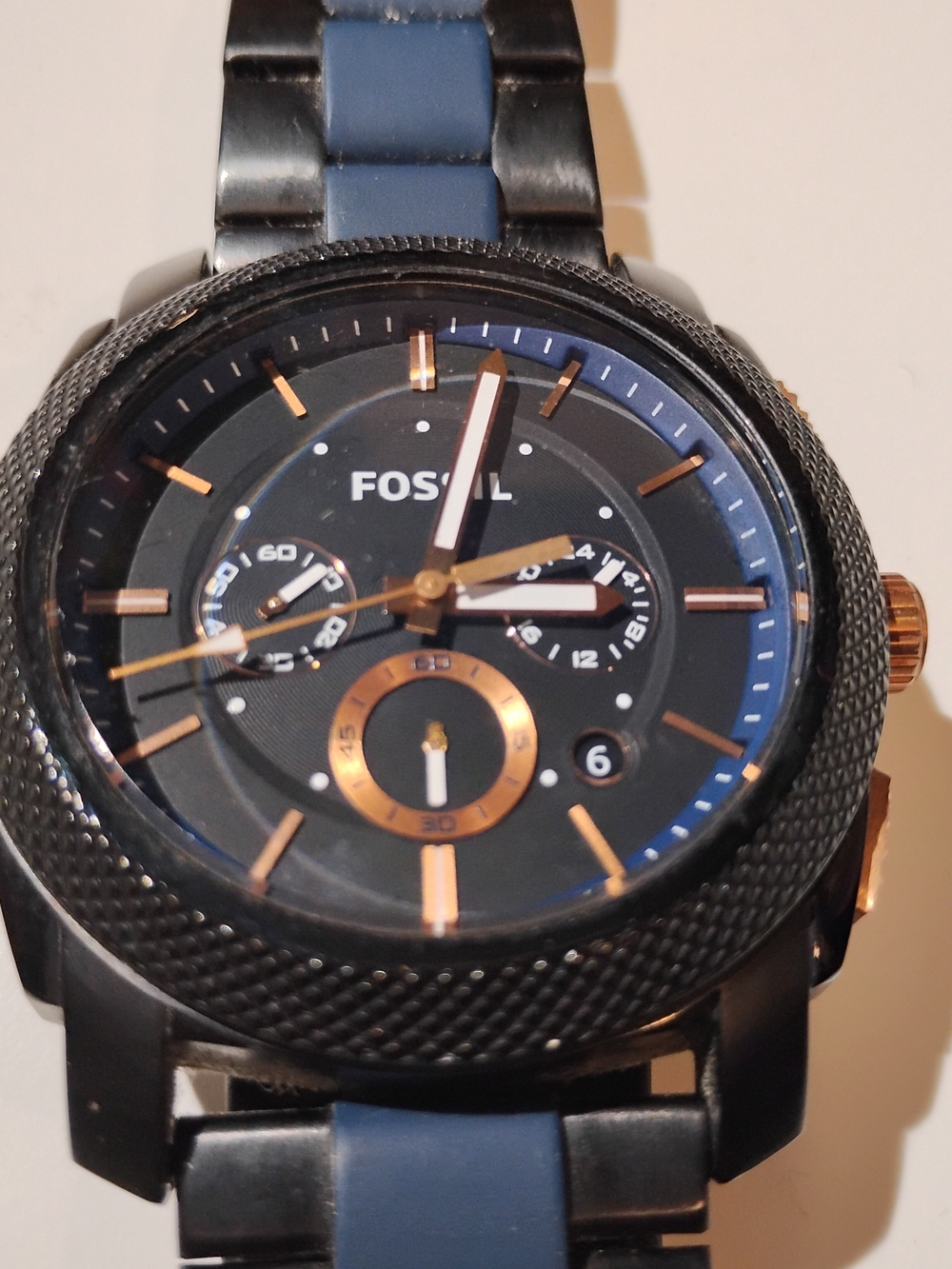 Pre-owned Fossil Black/Blue "Machine" Chronograph Watch with Rose Gold Accents